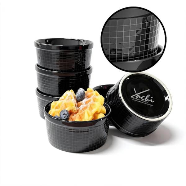 6-Piece Round Ceramic Ramekin Set Black Checkered Dessert Bowls Oven Safe for Baking Souffle and Dips