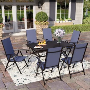 7-Piece Black Metal Patio Outdoor Dining Set with Slat Table and Blue Folding Reclining Sling Chairs