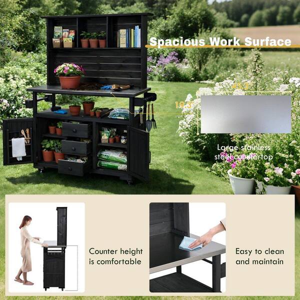 Black Wood 65 in. H 3-in-1 Garden Potting Bench Kitchen Island