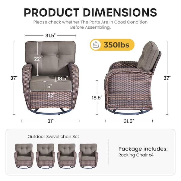 4-Piece Patio Wicker Outdoor Rocking Chair Set Swivel Glide with Gray Cushions