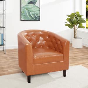 Caramel Accent Chair, Button Tufted Faux Leather Barrel Chair, Midcentury Modern Accent Chair Comfy Armchair