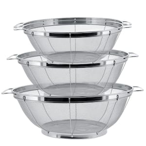 3Pc Assorted Stainless Steel Mesh Strainer with Handle & Resting Base