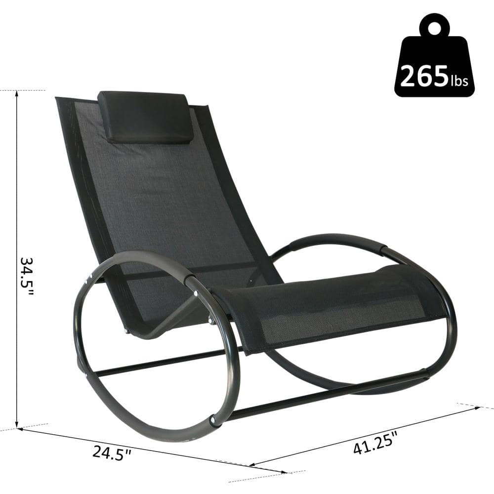 Serenity Black Steel Outdoor Rocking Lounger with Breathable Mesh and Pillow