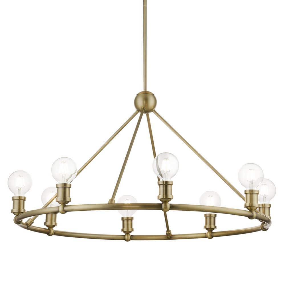 Antique Brass 8-Light Chandelier with Exposed Bulbs