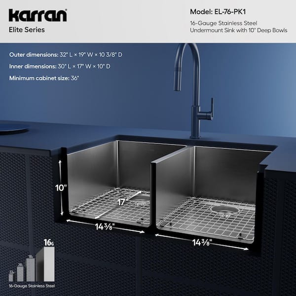 Karran EL-76 Stainless Steel 32 in. Double Bowl 50/50 Undermount
