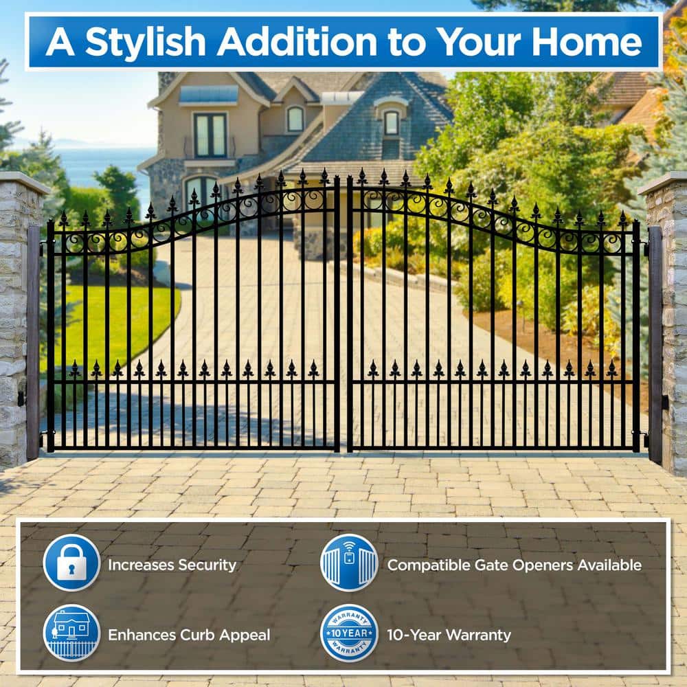 Prague Style Black Steel Dual Swing Driveway Gate 14x6 Feet