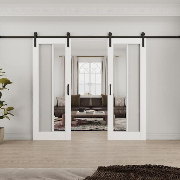 56 in. x 80 in. 1-Lite Tempered Clear Glass White Primed Solid Core MDF Sliding Barn Door with Hardware Kit