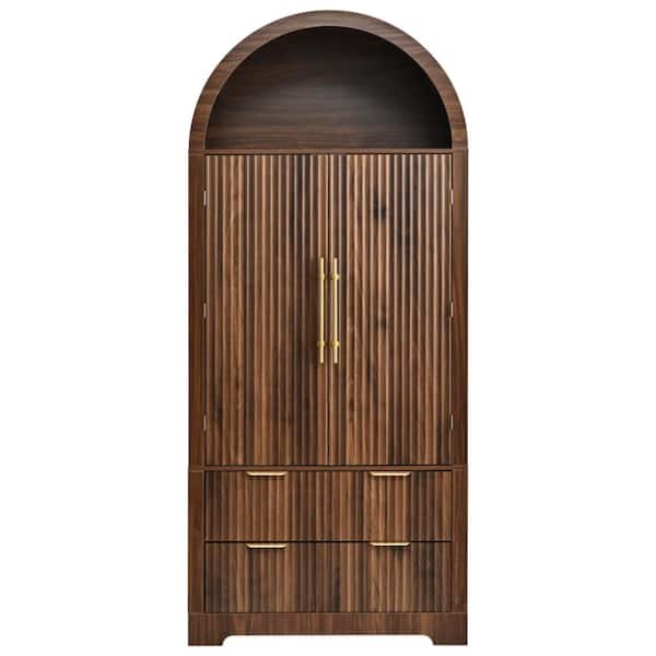 72in Modern Walnut Brown Tall Arched Fluted Kitchen Pantry Storage Cabinet with 2 Drawers