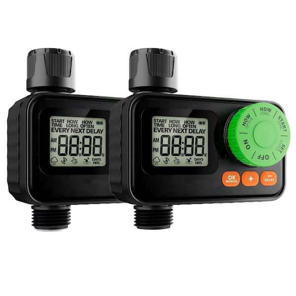 2-Pack Sprinkler Timer, Programmable Water Timer for Garden Hose, Automatic Digital Control, Manual ON/Off, Rain Delay