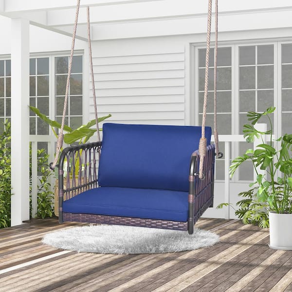 Patio Rattan Porch Swing Single Person Hanging Seat w/Seat & Back Cushions Backyard
