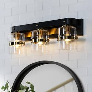 Merrin 23.1 in. 3-Light Black Golden Bathroom Vanity Light with Clear Glass Shades