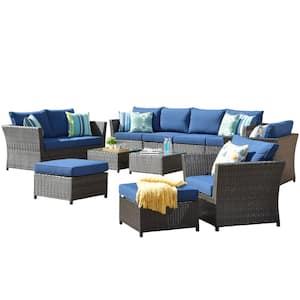 Huron Gorden Brown 12-Piece Wicker Outdoor Patio Conversation Sectional Sofa Set with Navy Blue Cushions