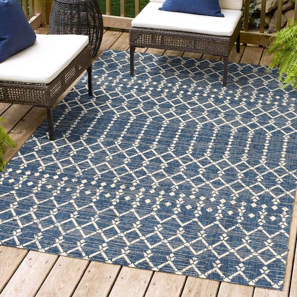 JONATHAN Y Ourika Moroccan Geometric Textured Weave Navy/Beige 9 ft. x 12 ft. Indoor/Outdoor Area Rug