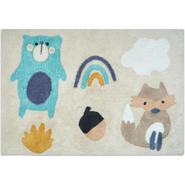 3 ft. x 4 ft. Beige And Blue Woodland Animals Youthful Washable Area Rug