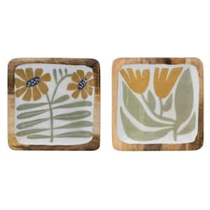Multicolor Enameled Mango Wood Plate with Flowers (Set of 2)