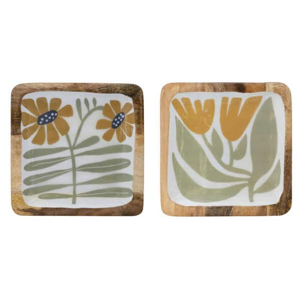 Storied Home Multicolor Enameled Mango Wood Plate with Flowers (Set of 2)