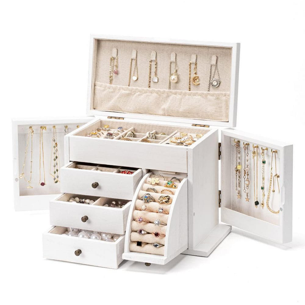 Weathered white solid wood jewelry organizer box for storage and