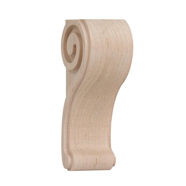 Waddell Scroll Corbel - Small, 5 in. x 2 in. x 1.75 in. - Sanded Unfinished Hardwood - DIY Home Wall Shelving Bracket Decor