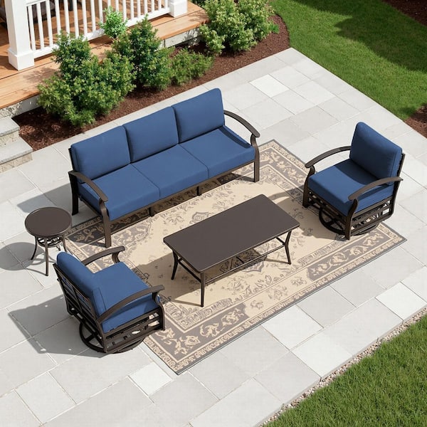 5-Piece Patio Aluminum Conversation Set with Swivel Chairs, Rectangular Table and Round Coffee Table, Navy Cushions