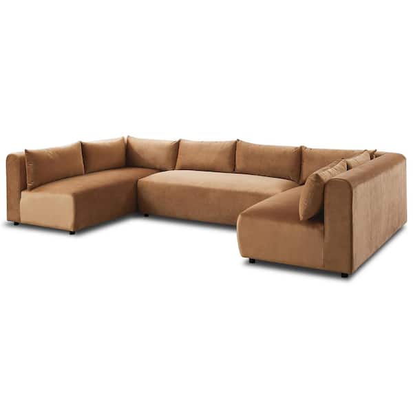 Ashcroft Furniture Co Alpatro 141 in. Armless 3-Piece U-Shaped Velvet Modular Sectional Sofa in Cognac Brown