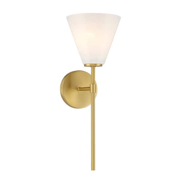 Savoy House Blair 6.25 in. W x 17.5 in. H 1-Light Warm Brass Dimmable Wall Sconce with Strie Glass Shade