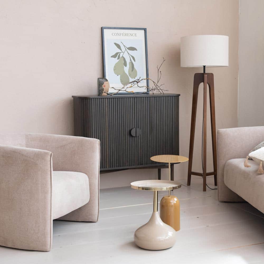 63" Walnut Finish Rubberwood Tripod Floor Lamp with Natural Linen Shade