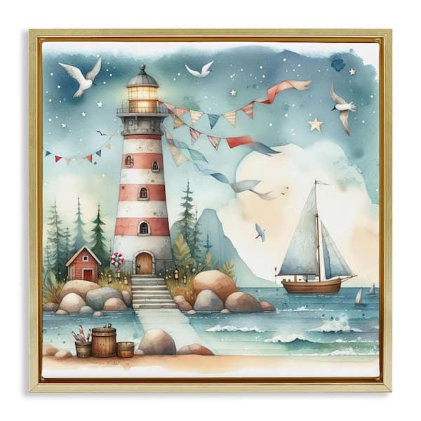 Stupell Industries Whimsical Lighthouse & Birds by LSR Design Studio Gold Floater Frame Coastal Graphic Art Print 18 in. x 18 in.