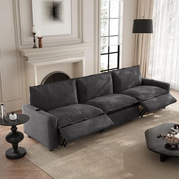 Power Recliner Couch, 116 in. Square Arm 3-Piece Linen Modular Motion Sectional Sofa with Heating, USB Ports in. Gray