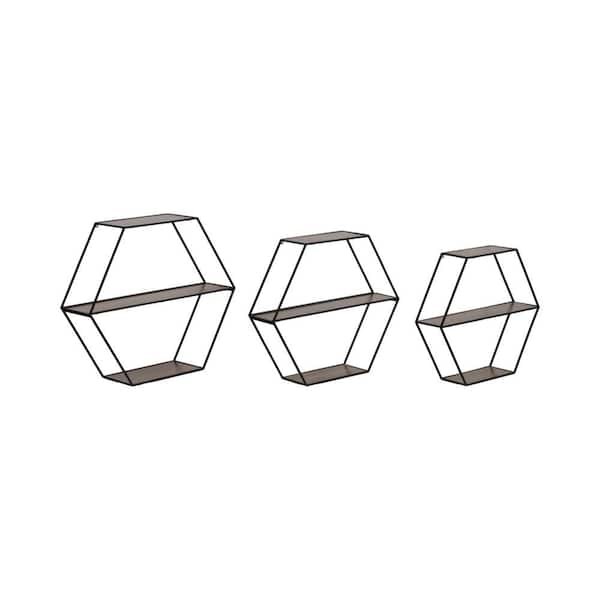 Black/Brown 26 in. x 7 in. Wood and Metal Hexagon Folding Decorative Accent Wall Shelf (Set of 3)