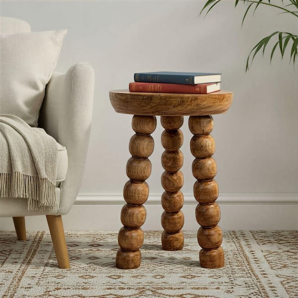 Julian 15 in. Walnut Round Wood Bead Ball Tri-Pod End Table
