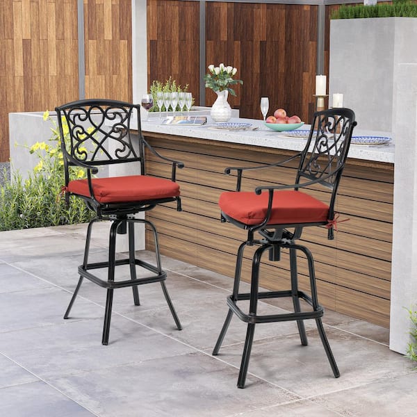 Bar Height Arm Chair Swivel Cast Aluminum Outdoor Bar Stool with Sunbrella Red Cushion (2-Pack)
