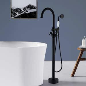 2-Handle Cross Handle Freestanding Tub Faucet with Hand Shower in Matte Black