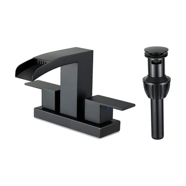 Waterfall Spout 304-Stainless Steel 4 in. Centerset Double Handle Bathroom Faucet with Drain Kit Included in Matte Black