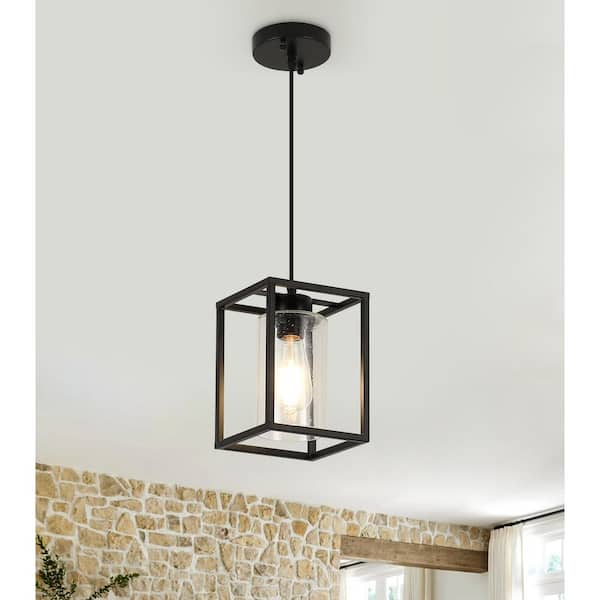 Matte Black Mini Bubble Glass Pendant Light for Kitchen Island 1-Light Industrial Seeded Cylinder Glass Hanging Lighting