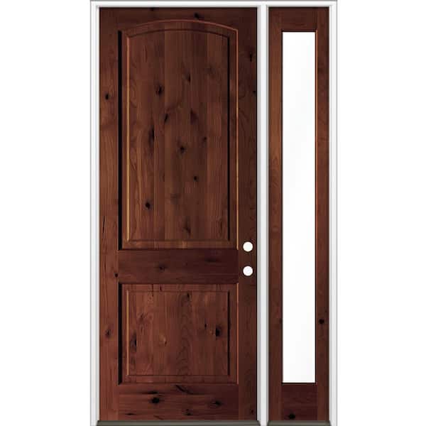 50 in. x 96 in. Knotty Alder 2-Panel Arch Left-Hand/Inswing Clear Glass Red Mahogany Stain Wood Prehung Front Door RFSL