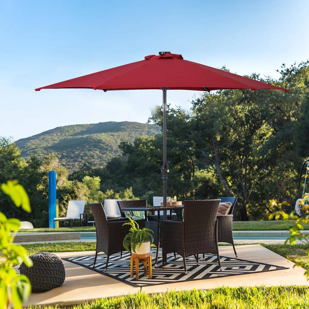 Burgundy 9ft Steel Solar LED Patio Umbrella with Crank