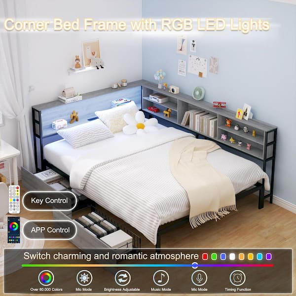 Gray Full Daybed with Storage Drawer, Corner Bed Frame with Storage Bookcase, Kid Bed with Charging Station, LED Light