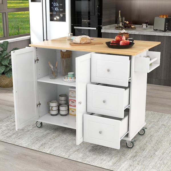 ARTCHIRLY Brown Solid Wood Top 53.1 in. White Kitchen Island with Drop Leaf, Cabinet Door Internal Storage Racks and 3-Drawers