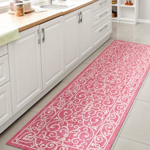 Charleston Vintage Filigree Textured Weave Fuchsia/Light Gray 2 ft. x 10 ft. Indoor/Outdoor Area Rug