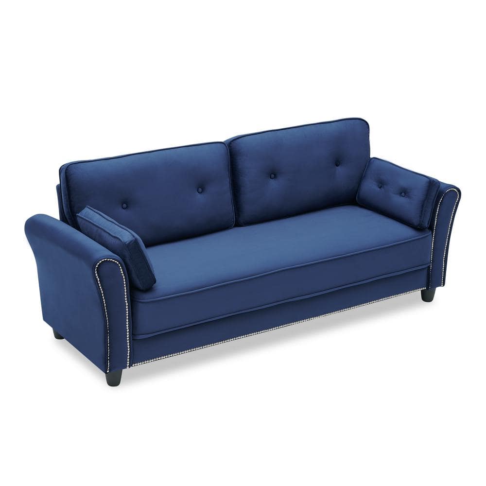 79.9 in. Rolled Arms Velvet Fabric with 3-Seater and 2-Pillows Straight Sofa in Blue
