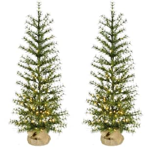 4 ft. Pre-Lit Farmhouse Fir Artificial Christmas Tree with Burlap Bag and Warm White LED Lights, (Set of 2)