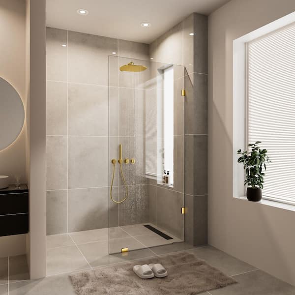 36 in. W x 78 in. H Frameless Fixed Single Panel Shower Screen Door in Brushed Brass with 3/8 in. (10mm) Clear Glass