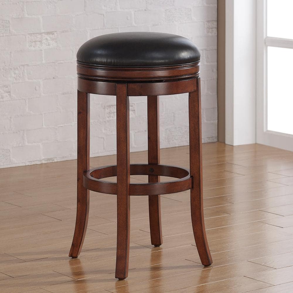 Transitional Brown Wood and Leather Swivel Bar Stool