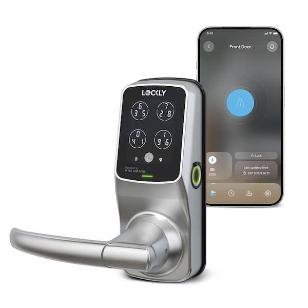 Secure Plus Satin Nickel Spring-Loaded Latchbolt Smart Lock With Lever Door Handleset, Fingerprint, Keypad, Bluetooth