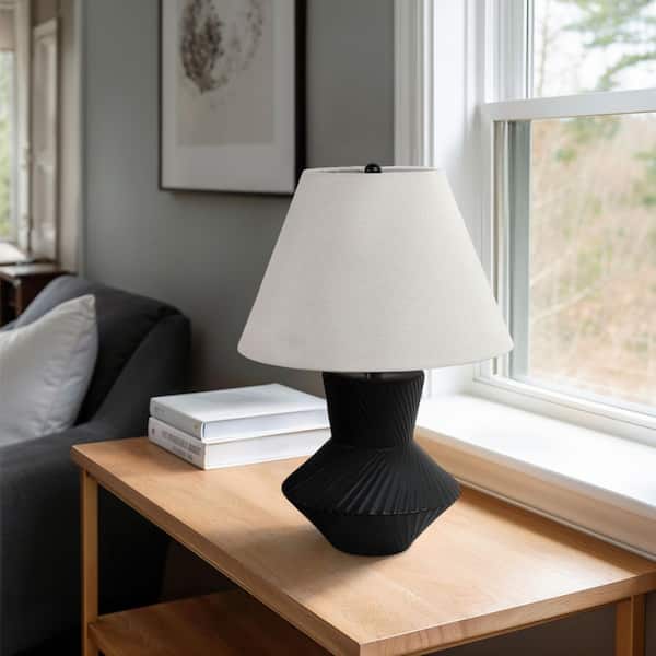 23 in. Black Ribbed Totem Table Lamp with White Linen Shade