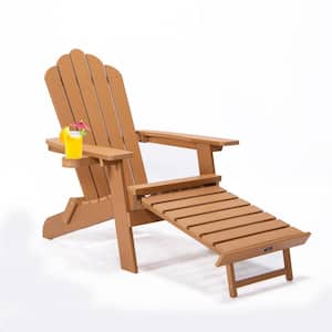 Brown Oversized Outdoor Folding Plastic Adirondack Chair for RelaxingPullout Ottoman with Cup Holderfor Patio Set of 1