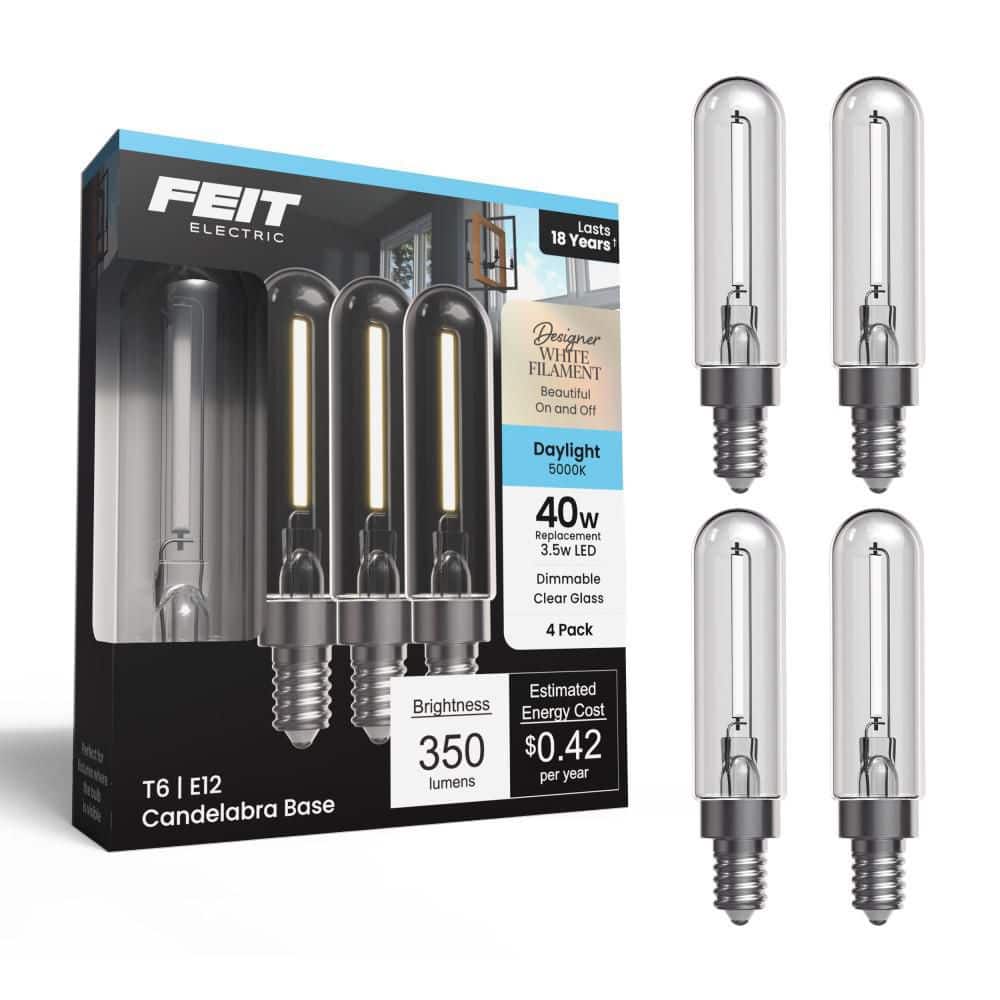 40-Watt Equivalent T6 Dimmable White Filament Clear Glass E12 Candelabra Tubular LED Light Bulb, Daylight 5000K (4-Pack) price history on PriceWatchPro