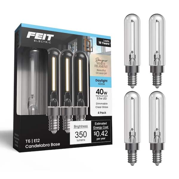 40-Watt Equivalent T6 Dimmable White Filament Clear Glass E12 Candelabra Tubular LED Light Bulb, Daylight 5000K (4-Pack)