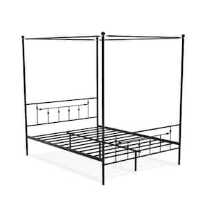 Canopy Bed with Deluxe Style Headboard, Footboard and Metal Frame in Powder Coating Black