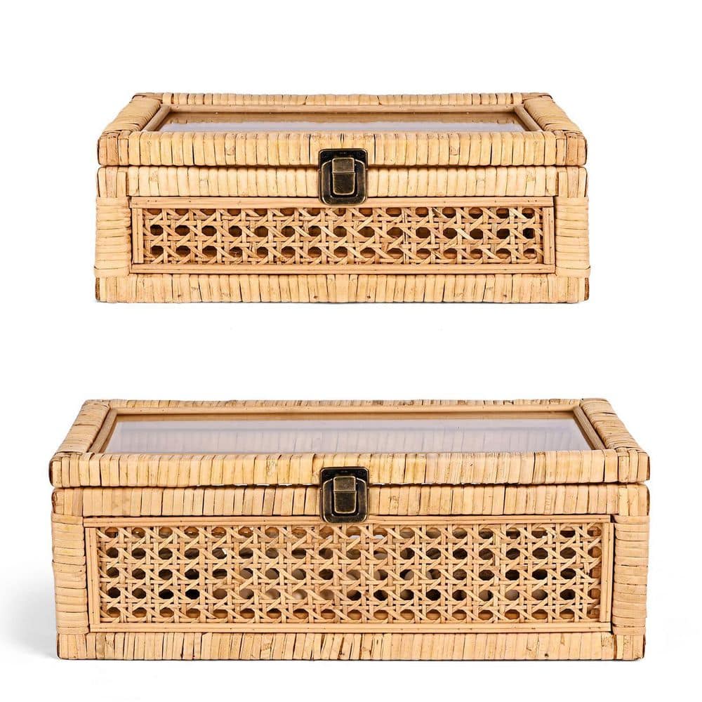 Afoxsos Beige 7 in. x 5 in. Bamboo Decorative Box Set of 2 with